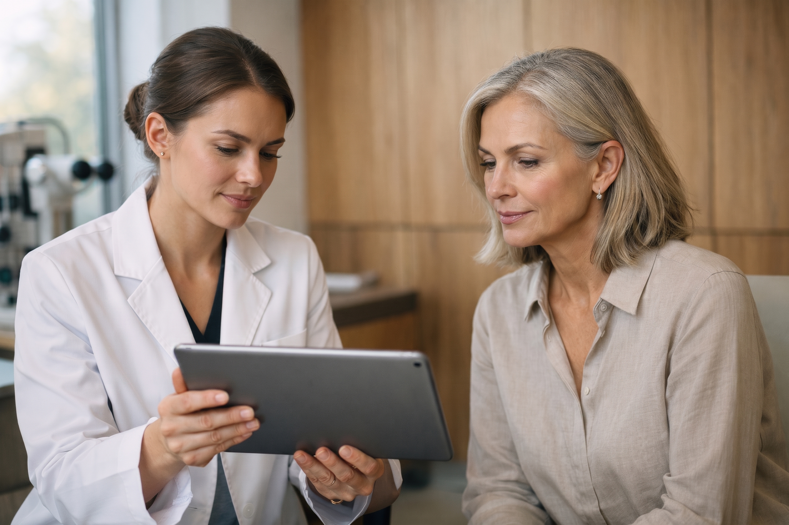 Clinician showing tablet results to a patient during a consultation