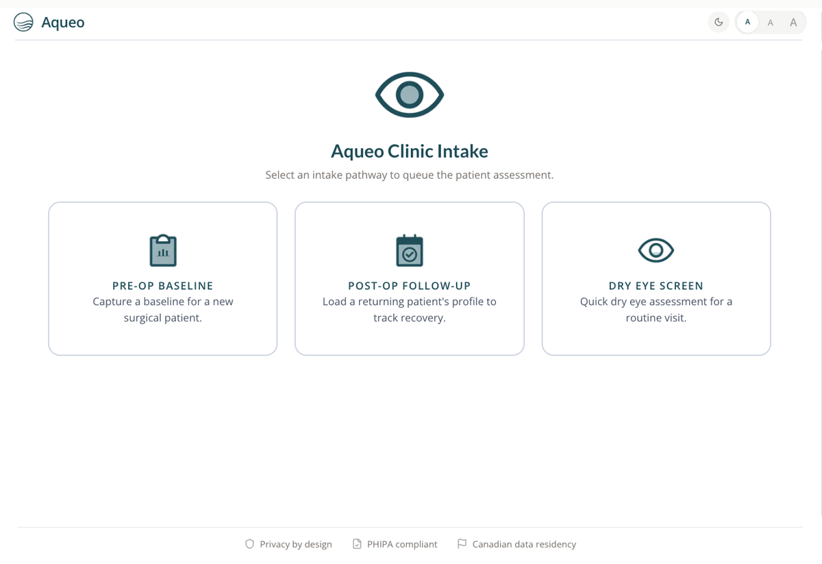 Aqueo patient intake screen showing the OSDI-6 dry-eye symptom questionnaire