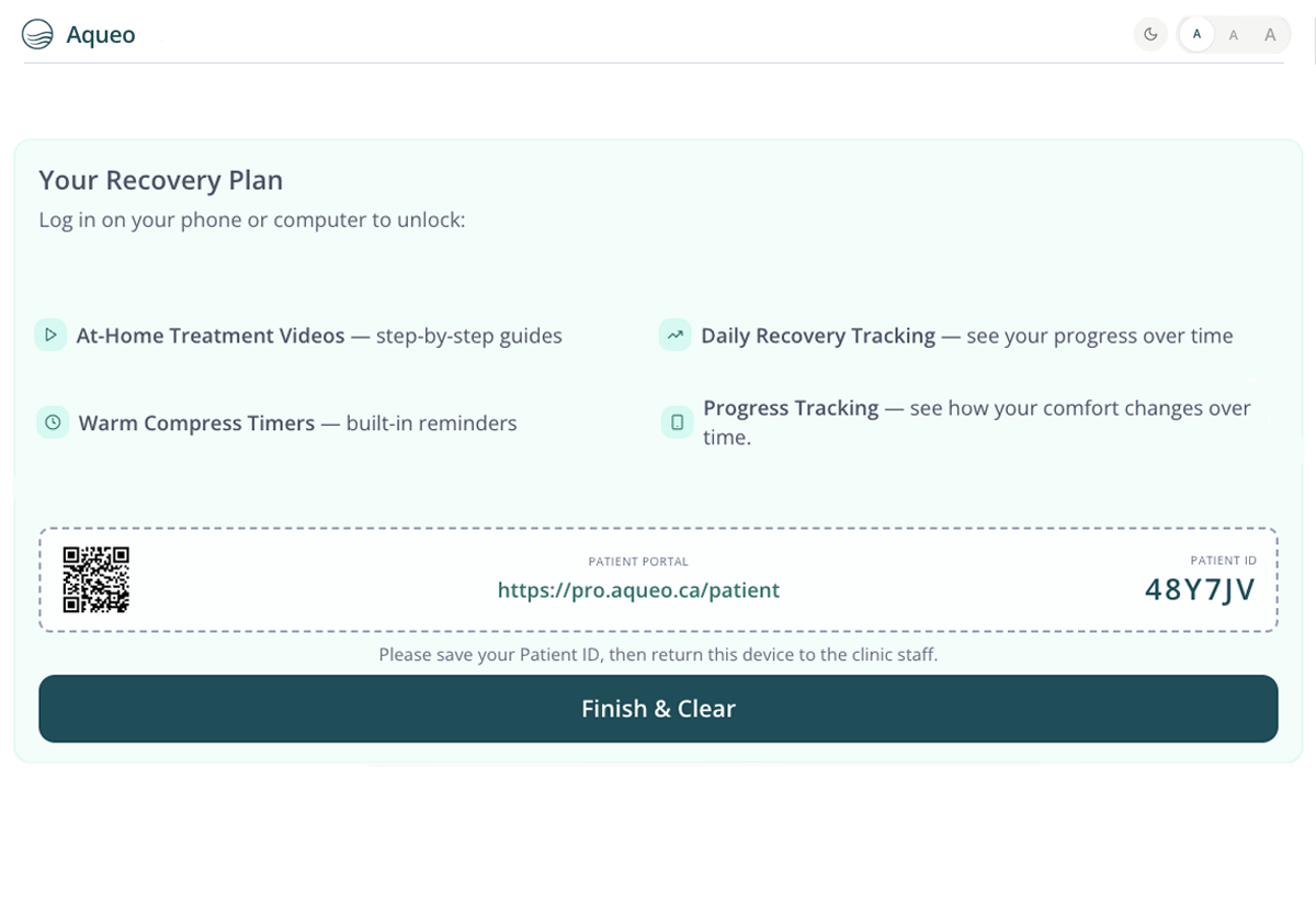Aqueo patient results screen showing the personalized recovery plan grid